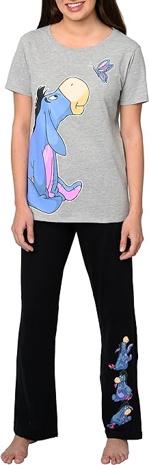 Disney Womens Pajama Set Eeyore Print Lounge Wear Grey T-shirt Black Pants