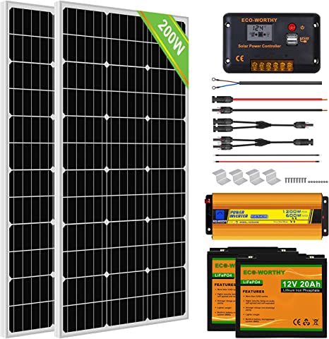 ECO-WORTHY Complete Solar Panel Kit 200W RV Off Grid Starter Kit:2pcs 100W Mono Solar Panels   30A Charge Controller   2pcs 20Ah Lithium Batteries   600W Pure Sine Wave Inverter and Solar Cables