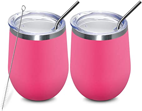 2 Pack 12oz Insulated Wine Tumbler with Lid, Stainless Steel Wine Tumbler Cup, Double Wall Stemless Wine Glass for Coffee,Champagne,Cocktail,Rose Pink