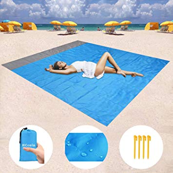 HCcolo Sand Free Beach Blanket, 59’’x79’’ Waterproof Camping Tarp Beach Mat Lightweight Picnic Blanket, Sand Proof Beach Gear for Travel, Hiking, Sports - with 4 Stakes and Corner Pockets