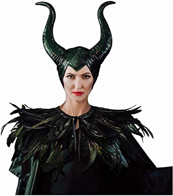 L'VOW Gothic Black Feather Cape Shawl with Maleficent Horns for Halloween Crow Costume