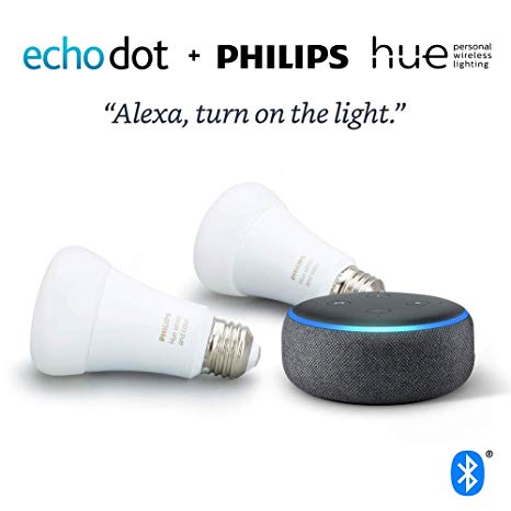 Echo Dot (3rd Gen) – Charcoal with Philips Hue White & Color 2-pack A19 Smart Bulbs, Bluetooth & Zigbee compatible (No Hub Required)