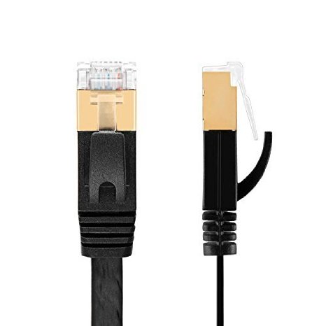 TNP Cat7 Shielded Ethernet Flat Patch Network Cable 10 ft - 10Gbps 600Mhz High Performance with Snagless RJ45 Connectors Gold Plated Plug S/STP Wires Networking Cable Wiring Black