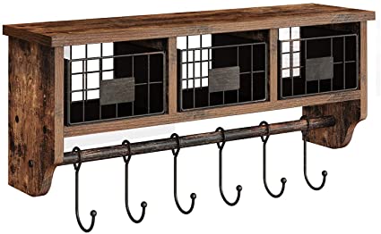 Rolanstar Wall Mounted Shelf with Hooks, Entryway Organizer Shelf with Storage Cabinets, Wall Mount Coat Rack with 6 Hooks, 24” Hanging Coffee Bar Shelf for Living Room Bathroom Kitchen Rustic Brown