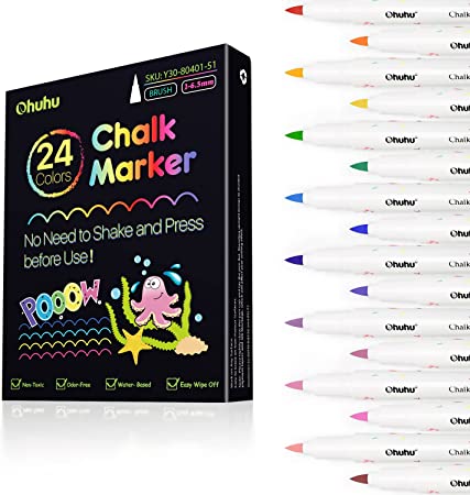 Chalk Markers for Chalkboard: Ohuhu Brush Tip 24 Colors Dry Erase Marker for Car Window Glass Blackboard Washable Paint Pens Erasable Non-toxic for Adults Kids