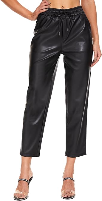 Ginasy Faux Leather Pants for Women High Waist Pleather Jogger Pants Straight Leg Trousers with Pockets