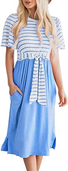 MEROKEETY Women's Summer Striped Ruffle Sleeves Tie Waist Pockets Casual Swing Midi Dress