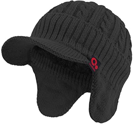 Janey&Rubbins Winter Outdoor Sports Visor Beanie with Earflaps Knit Ski Hat with Brim Fleece Lined Skull Cap