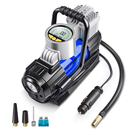 AstroAI Portable Air Compressor Pump, Digital Tire Inflator 12V DC Electric Gauge with Larger Air Flow 35L/Min, LED Light, Overheat Protection, Extra Nozzle Adaptors and Fuse, Blue