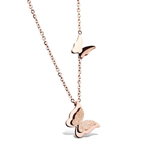 Jewelry Womens Stainless Steel Butterfly Pendant Charms Necklace Clavicle Chain Rose Gold , 16-18 Inch Chain