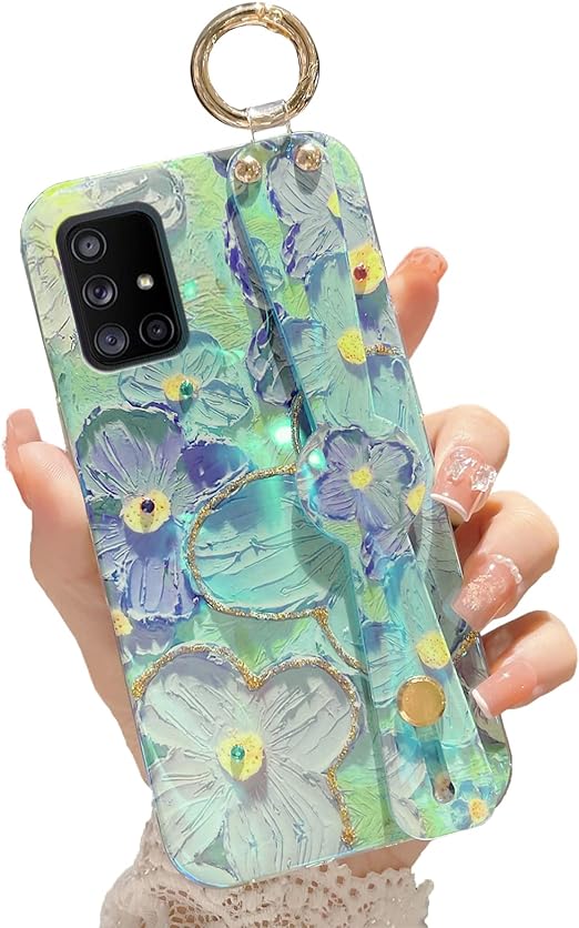 Annyojo for A71 5G Case Galaxy A71 5G Case for Elegant Cute Flower Petals with Wrist Band Kickstand Ultra Slim IMD Soft TPU Shockproof Protection Holder Cover for Galaxy A71