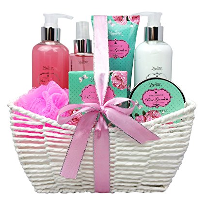 Spa Gift Basket and Bath Set with Rose Garden Fragrance by Lovestee-Bath Gift Basket Includes, Body Lotion, Bubble Bath, Body Scrub, Bath Puff, Bath Salt and a Body Butter-Christmas Gifts