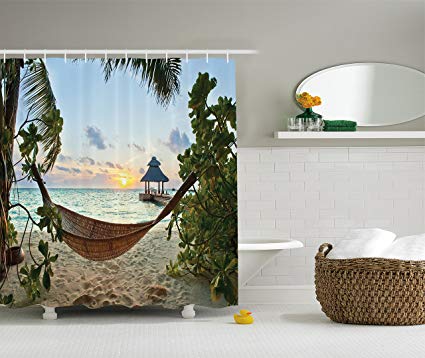 Ambesonne Beach Hammock Decor Collection, Hammock on Sandy Beach Palm Trees Wooden Jetty Sunset View, Polyester Fabric Bathroom Shower Curtain Set with Hooks, Green Blue Ivory