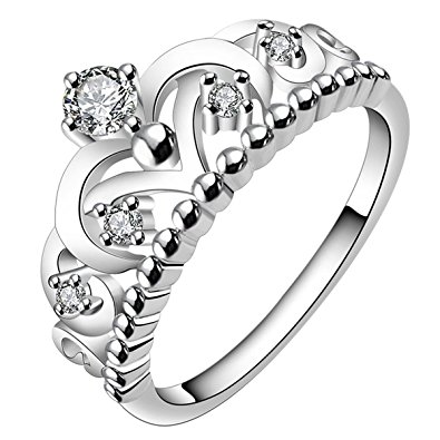fourHeart 925 Sterling Silver Gorgeous CZ Princess Crown Tiara Band Wedding Cz Eternity Ring