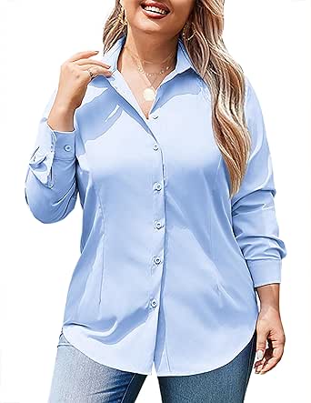 IN'VOLAND Women's Plus Size Button Down Shirts Long Sleeve Collared Casual Shirt Office Work Blouse Tops