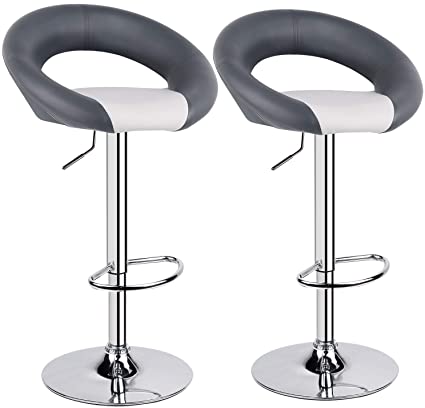 Leader Accessories Crescent Backrest Bar Stools Set of 2 Faux Leather with Large Chrome Footrest and Base(41.5cm), Adjustable Height Max 120kg for Counter Bar Pub and Kitchen Grey/White