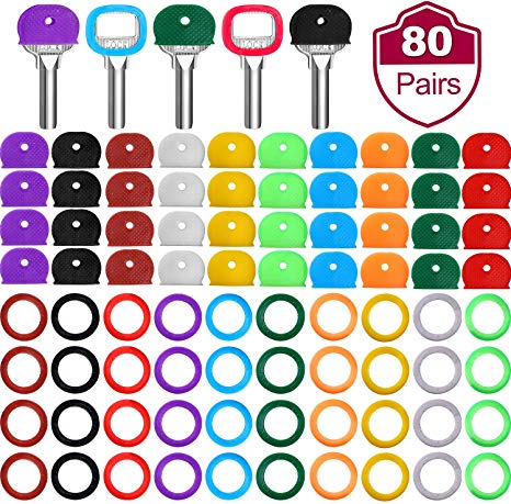 Blulu 80 Pieces Key Caps Tags Covers Set Plastic Key Identifier Rings Key Toppers for Keys Organization House Key, 10 Colors, 2 Styles
