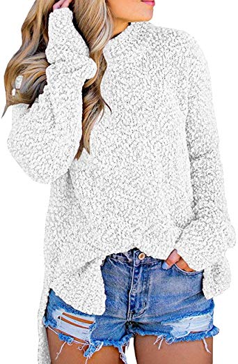 MEROKEETY Women's Long Sleeve Sherpa Fleece Knit Sweater Side Slit Pullover Outwears