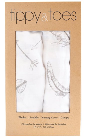 Softest Muslin Swaddle Blankets - 70% Bamboo 30% Cotton 2 Pack "Feathers & Arrows" In unisex soft grey. Over sized 47"x47"
