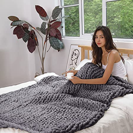 Chunky Knit Blanket Chenille Throw Warm Soft Giant Handmade Gift for Sofa Bed Home Decor Luxury Dark Grey 87"×87"