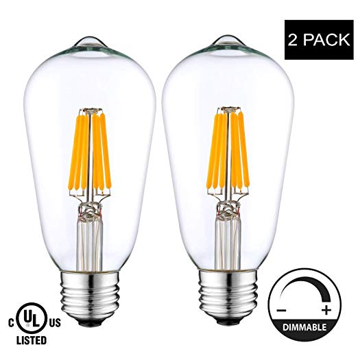 LightAccents Indoor/Outdoor Dimmable LED Filament Vintage Light Bulb, 6 Watt (60W Equivalent), 600 lumens, 2700K (Warm White), Omnidirectional, Medium Base (E26) UL-Listed – (Pack of 2) Marconi Bulb