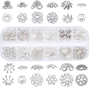 SUNNYCLUE 1 Box 240Pcs 12 Styles Flower Spacer Beads Caps Silver Bead Caps Mixed Tibetan Beads Jewelry Findings for DIY Earring Bracelet Necklace Keyring Making