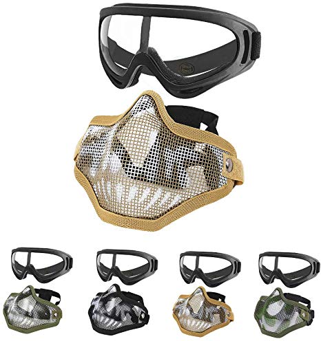 MGFLASHFORCE Airsoft Mask and Goggles Set, Steel Mesh Half Face Tactical Mask and UV400 Goggles for Halloween Cosplay Xmas Party