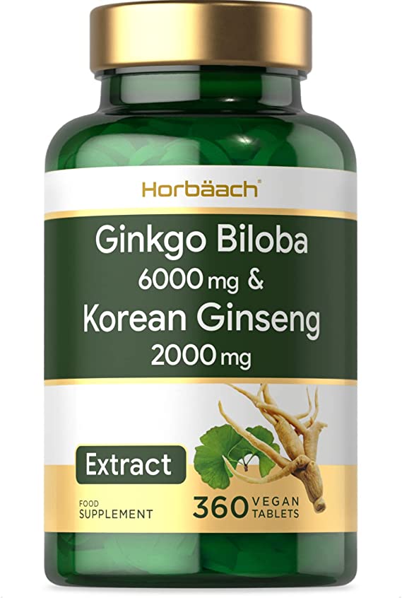 Ginkgo Biloba 6000mg & Korean Panax Ginseng 2000mg | 360 Vegan Tablets | High Strength | Non-GMO, Gluten Free Supplement | No Artificial Preservatives (360)