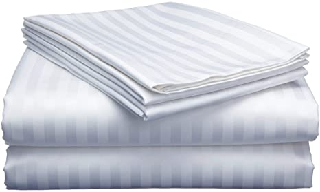 Aashi 400-Thread-Count 100% Egyptian Cotton Bed Sheets, 4-Pc White Stripe Queen Sheet Set, Long-Staple Yarns, Fits Mattress Upto 16'' Deep Pocket
