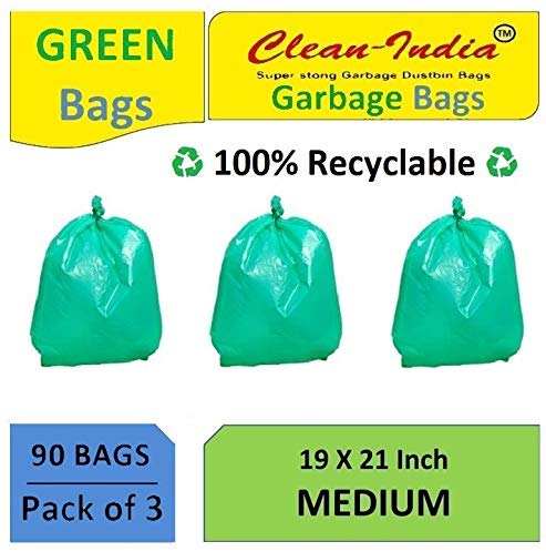 Clean India -3 Pack of Green Garbage Bags - 19X21 | 3 Packs of 30 Pcs - 90 Pcs | Green Medium Disposable Dustbin Bags for Wet Waste