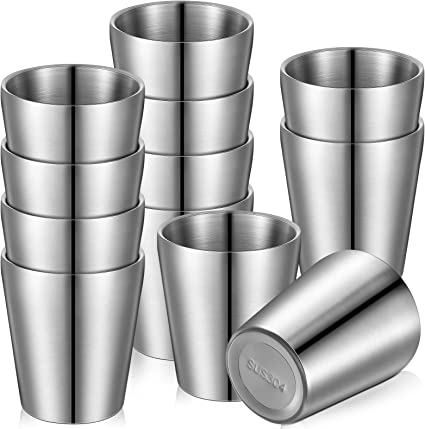 12 Pieces Stainless Steel Cups Double Wall Tumbler Glasses Stackable Glasses Metal Drinking Cups Insulated Drinking Glasses Reusable Silver Camping Mugs for Home Camping RV BBQ Office Party (5.9 Oz)