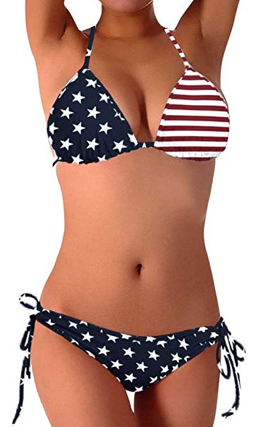 Dasbayla Women Bathing Suit American USA Flag Push up Tassel Fringe 2 pcs Bikini
