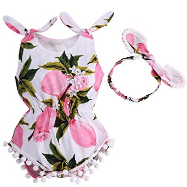 Fubin Baby Girl's Cotton Tassel Pompon Romper Girl's Summer Clothes with Headband 2 PCS Set
