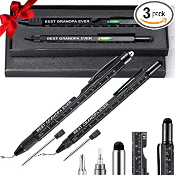 Gifts for Men 2 Pcs 9 in 1 Multitool Pens Stocking Stuffer for Men Gadget Gift for Dad with LED Light Touchscreen Stylus Ruler Level Bottle Opener Flathead Screwdriver Phone Holder Refill (Grandpa)