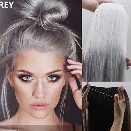 Silver Gray Hair Extensions Halos Secret Invisiable Flip Hidden Wire Crown Natural Straight Long Synthetic Hairpiece For Women Japan Heat Temperature Fiber