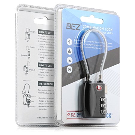 TSA Cable Lock - 3 Digit Combination [Zinc Alloy Material] - BEZ® Best TSA Approved Lock For Travel Safety and Security - Lock Alert, Heavy Duty, Assorted Colors TSA Suitcase Lock - Lock Safe Protection – Black