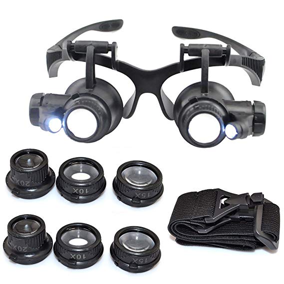 Aomekie Magnifying Glasses with Light Zoom 10X 15X 20X 25X LED Illuminated Eye Loupe Headband Magnifier for Jeweler Repair Watch