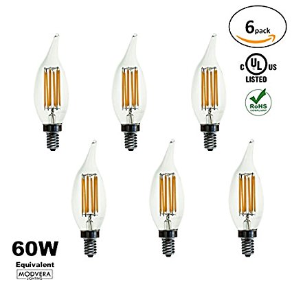 6 pack - Modvera 5w Bent Tip 2700k LED chandelier bulb 60w equivalent LED candelabra bulb