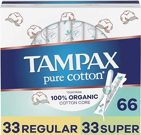 Tampax Pure Cotton Tampons Multi Pack, Contains 100% Organic Cotton Core, Regular/Super Absorbency, unscented, 22 Count x 3 Packs (66 Count total)