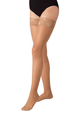 Terramed Graduated Compression Stockings Women Thigh High 20-30 mmHg - Medium Support | Sheer with Lace Top and Strong Silicone Band | Women, Nurses, and Maternity Circulation Socks (Beige, Medium)