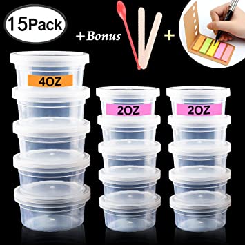 DaisyFormals 15PCS Slime Containers with lids(2OZ   4OZ), Foam Ball Storage Containers with Lids for 20g/40g Slime with Bonus (Spoon   Stir Sticks   Labels), Perfect for Slime DIY Art Craft Making