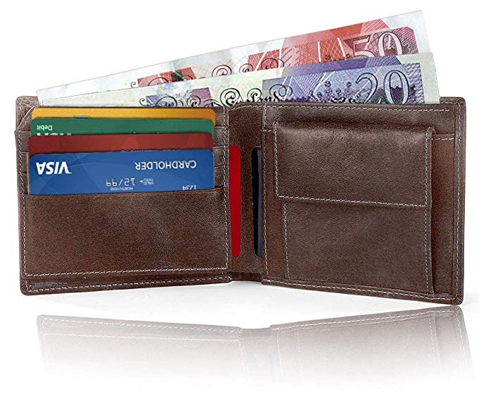 Men Leather Wallet with RFID Blocking Protection - Credit Card Holder, Coin Pocket Purse, Bifold Wallet, Packed with Box (Dark Coffee)