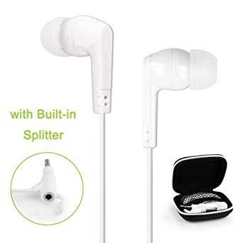 Earphones, X-cable In Ear Earbuds with Built-in Splitter, Noise Isolating Headphones with Carrying Pouch for iPhone iPod iPad Smartphones Tablet Music Player Computer PC Laptop-S M L Eartips-White