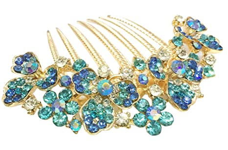 AnVei-Nao Womens Luxury Bohemia Flower Rhinestones Bridal Heavy Hair Combs Accessories Blue