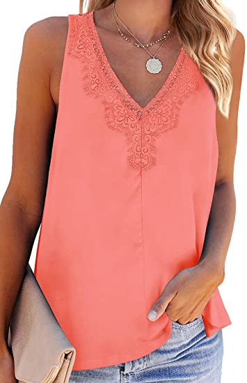 Sieanear Tank Tops for Women V Neck Lace Solid Color Loose Fit Sleeveless Tops Shirts