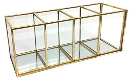Isaac Jacobs 4-Compartment Organizer- Makeup Brush Holder- Vintage Style Brass and Glass Storage Solution with Mirror Base- Office, Bathroom, Kitchen Supplies and More (Antique Gold)
