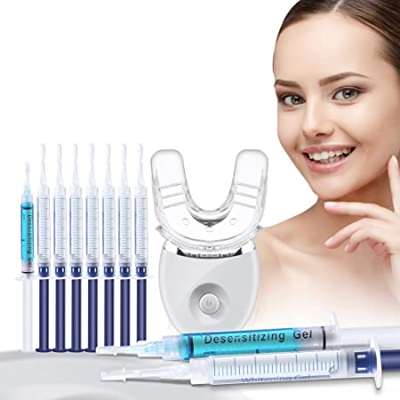 OriHea Teeth Whitening Kits LED Light, 35% Carbamide Peroxide, 5X More Powerful Blue LED Light, (8) 3ml Teeth Whitening Gel Syringes, (2) 3ml Desensitizing Gel Syringes，Soft Silicone Tray and Case