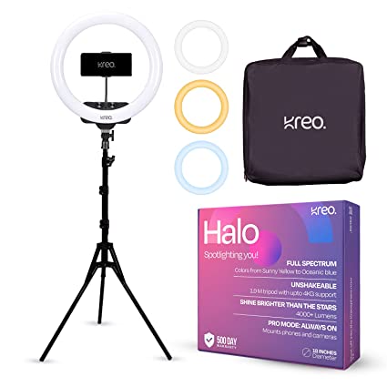 Kreo Halo 18 Inch Brightest Ring Light with Strong Tripod | 3 Color Modes, Carry Bag | Dimmable and Bright Lighting for Instagram, Reels, YouTube, Makeup, Live Stream, Vlog, Works with iPhone, Android & Camera