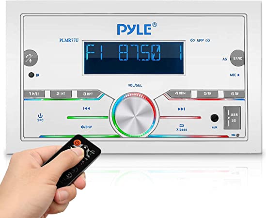 Pyle Bluetooth Marine Radio Receiver - 300W Double DIN Boat Marine Head Unit Amplifier System w/Digital LCD, Mic, Hands-Free Calling, AUX, MP3, USB/SD, AM/FM Radio, Remote Control - PLMR77U (White)