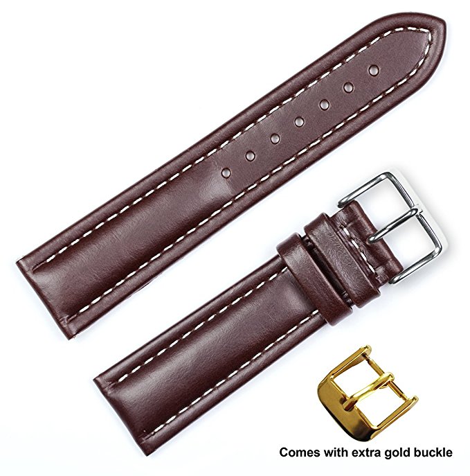 deBeer brand Breitling Style Oil Tanned Leather Watch Band (Silver & Gold Buckle) - Brown 20mm